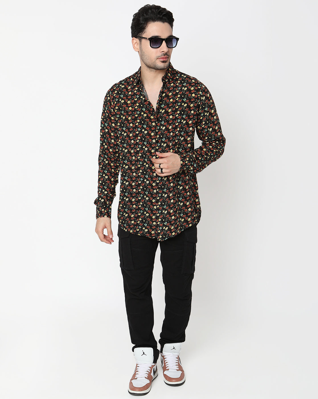 Black Based Multicolored Floral Printed Full Sleeve Rayon Shirt