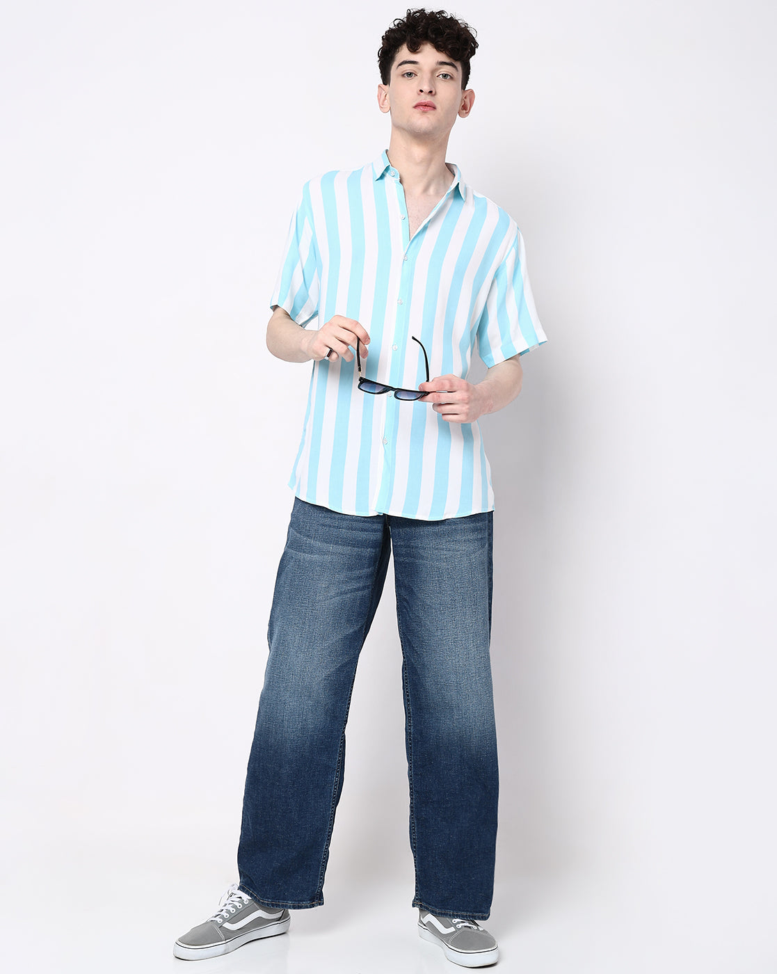 Sky Blue Striped Rayon Half Sleeve Shirt