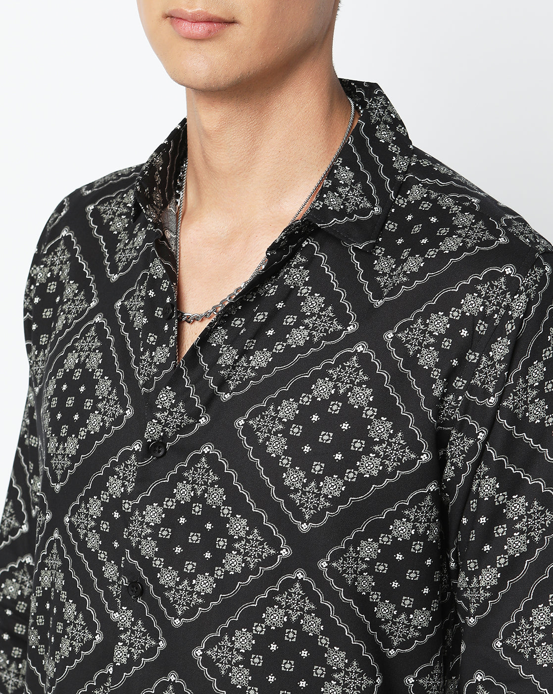 Black Abstract Aztec Tiles Rayon Full Sleeve Shirt