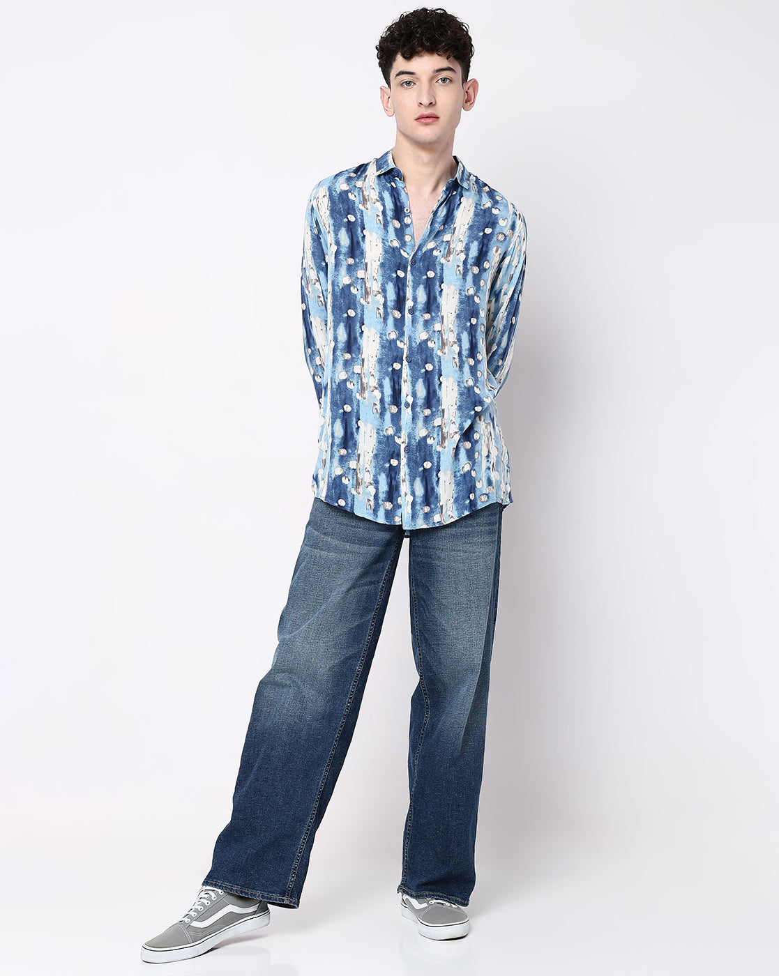 Blue and White Abstract Print Rayon Full Sleeve Shirt
