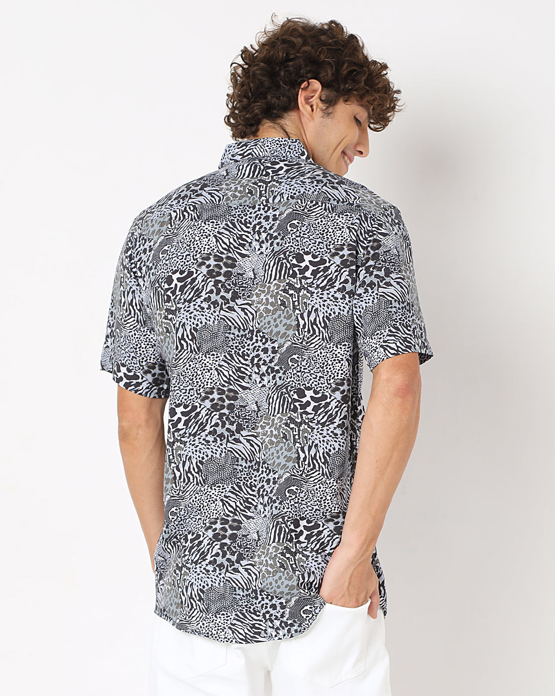 Grey Animal Print Rayon Half Sleeve Shirt