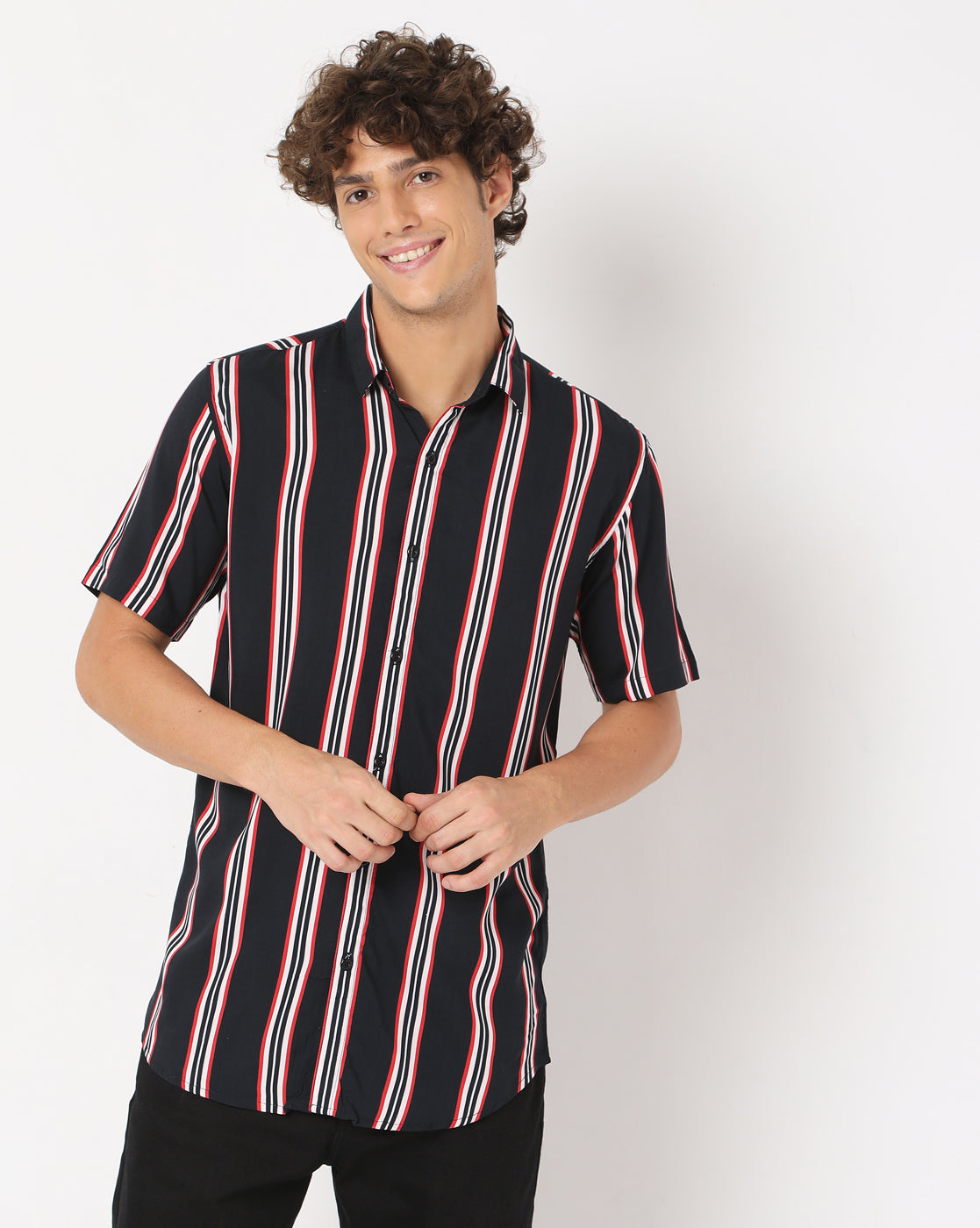 Black & Red Stripes Rayon Printed Half Sleeve Shirt