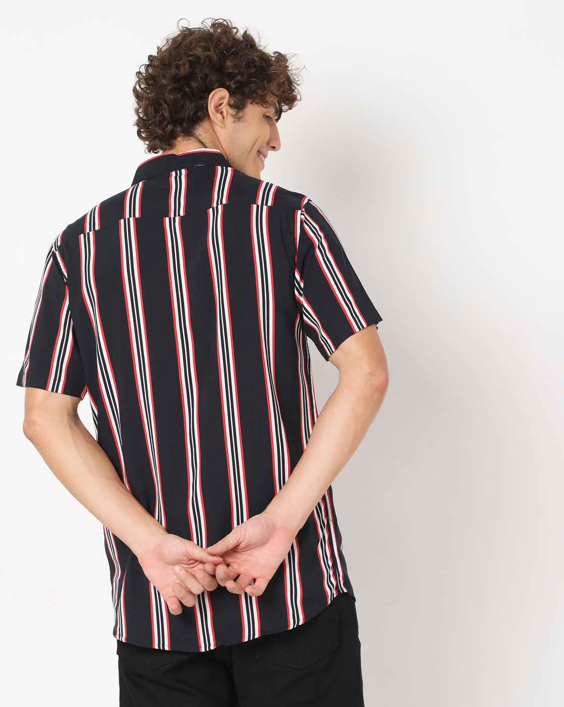 Black & Red Stripes Rayon Printed Half Sleeve Shirt