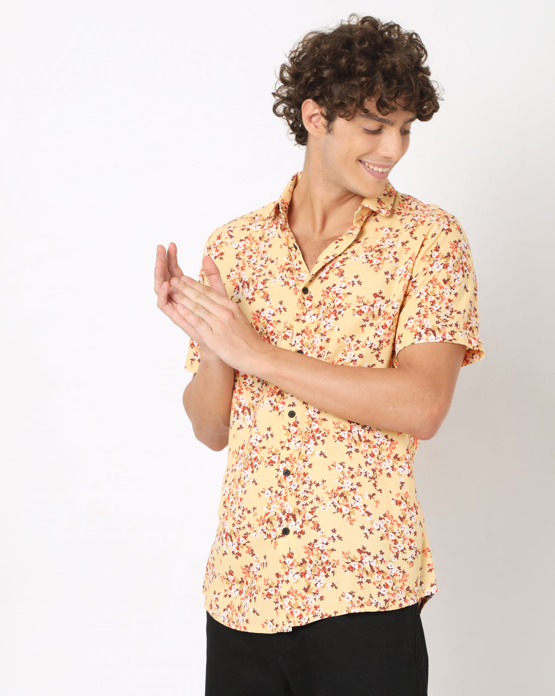 Light Yellow Floral Rayon Printed Half Sleeve Shirt