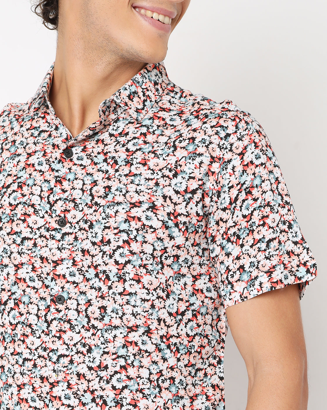 Red White Floral Printed Rayon Half Sleeve Shirt