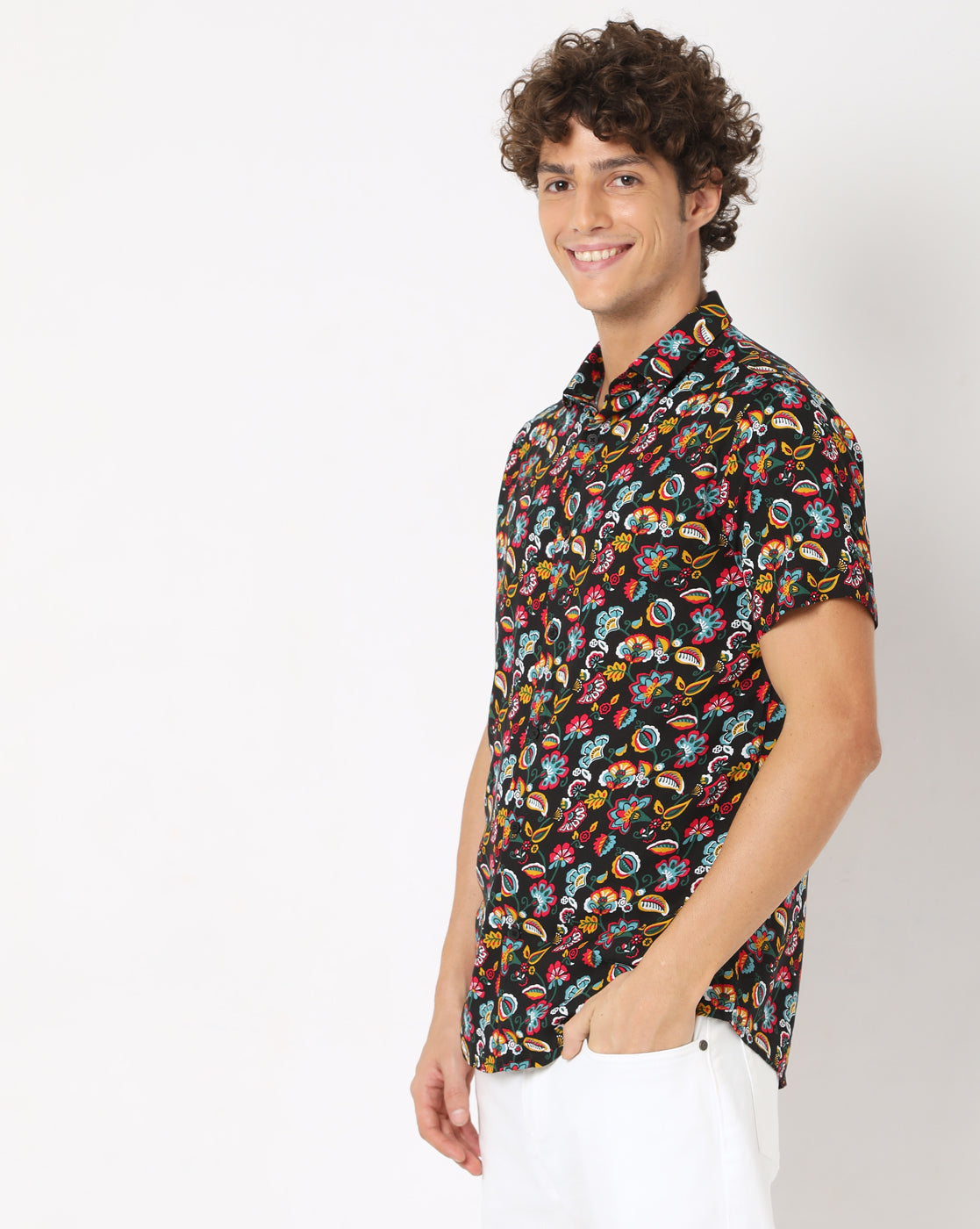 Black Multicolor Floral Rayon Half Sleeve Shirt