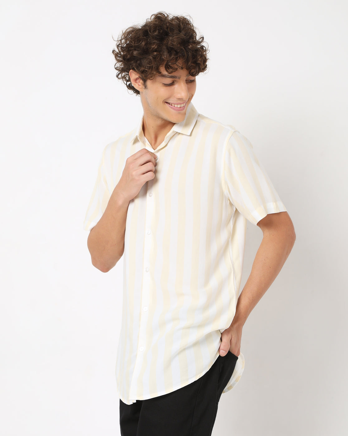 Canary Yellow White Bold Stripe Print Rayon Half Sleeve Shirt