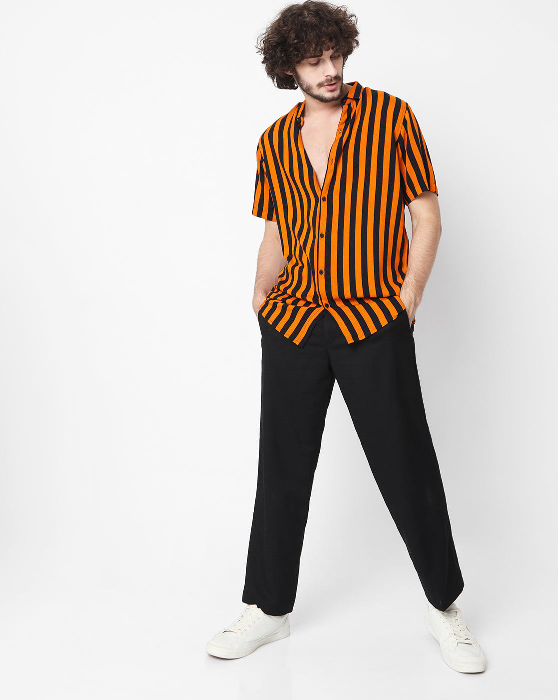 Orange & Black Stripe Print Rayon Half Sleeve Shirt