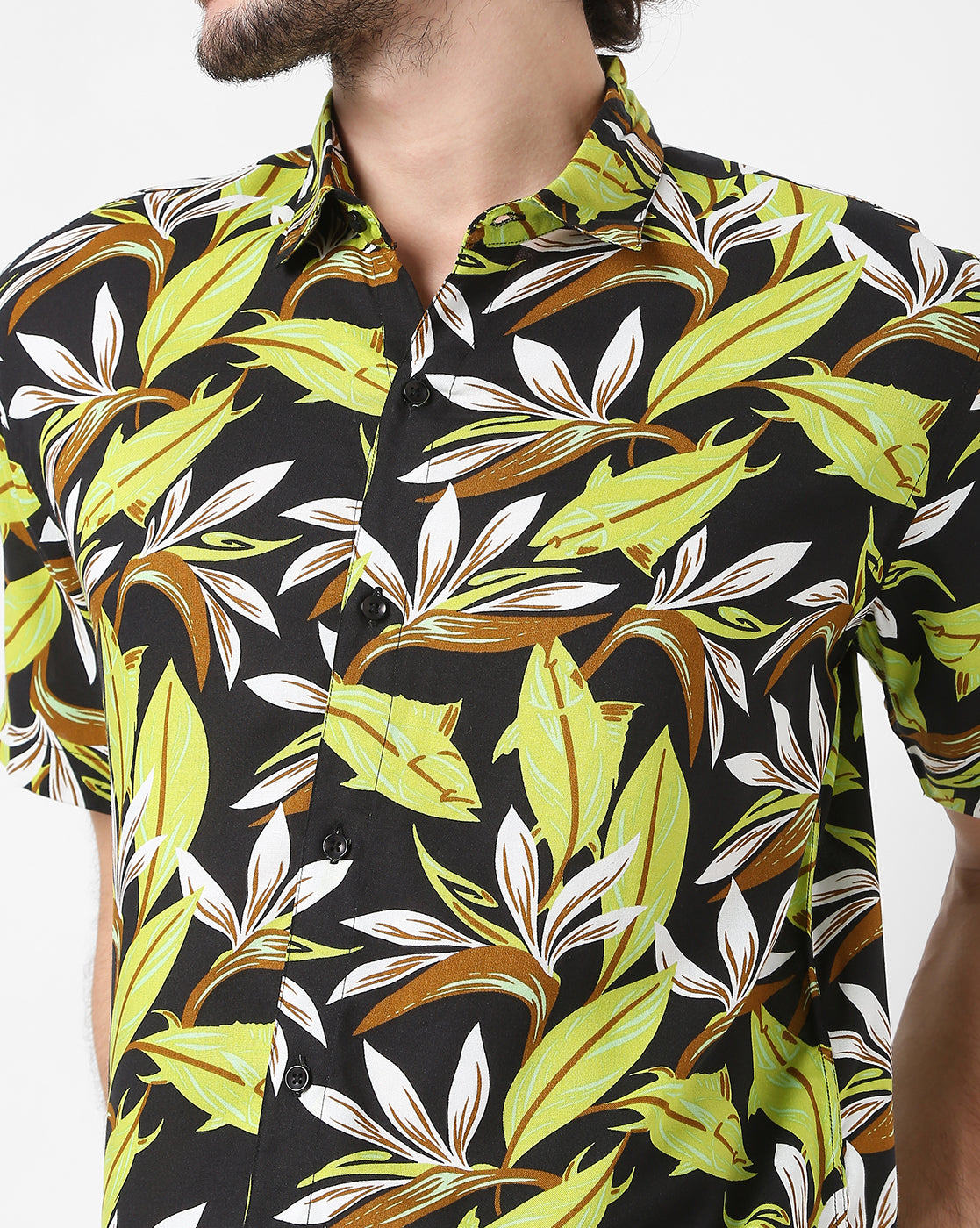 Black & Yellow Leaf Rayon Printed Half Sleeve Shirt