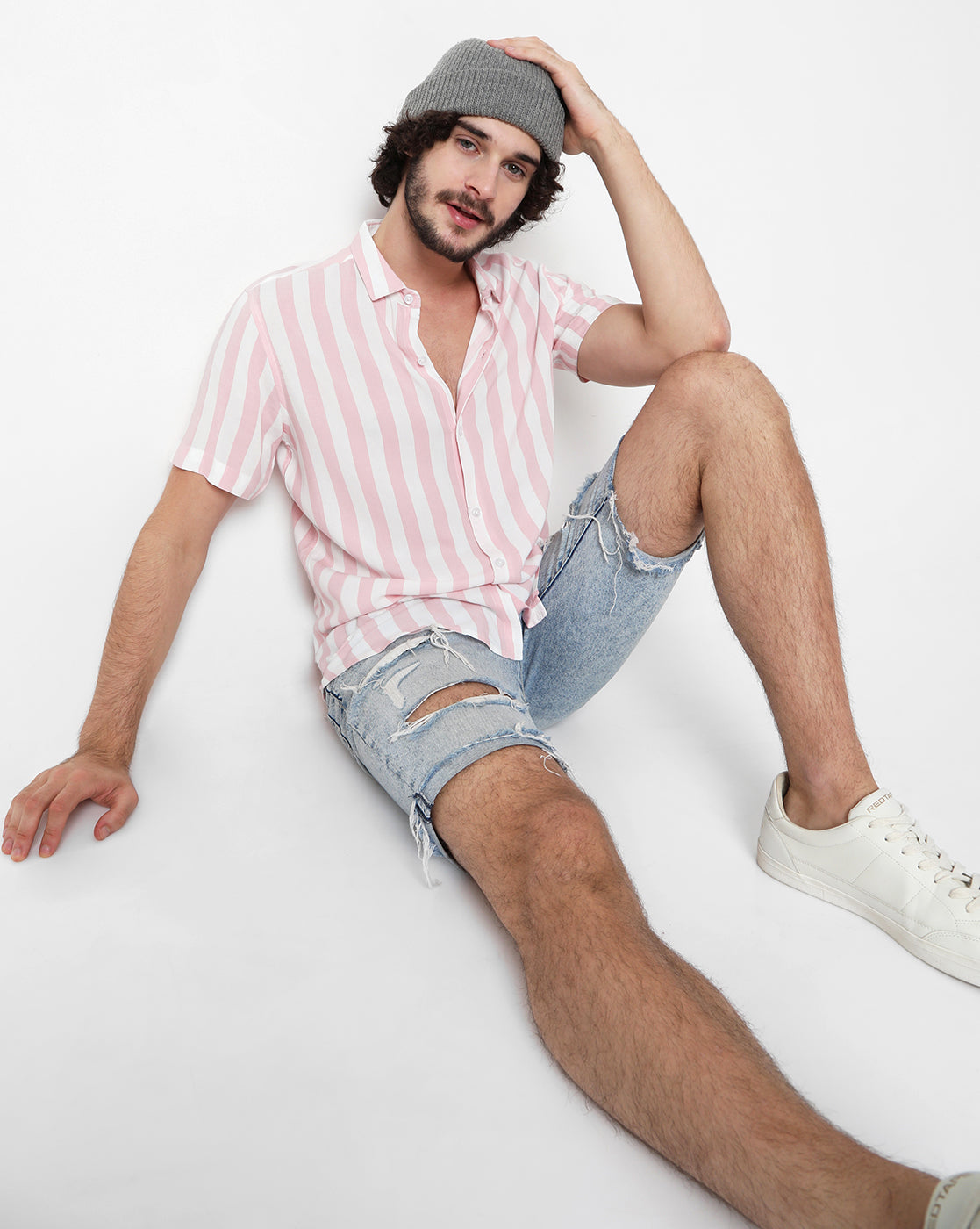 Baby Pink White Bold Stripe Print Rayon Half Sleeve Shirt