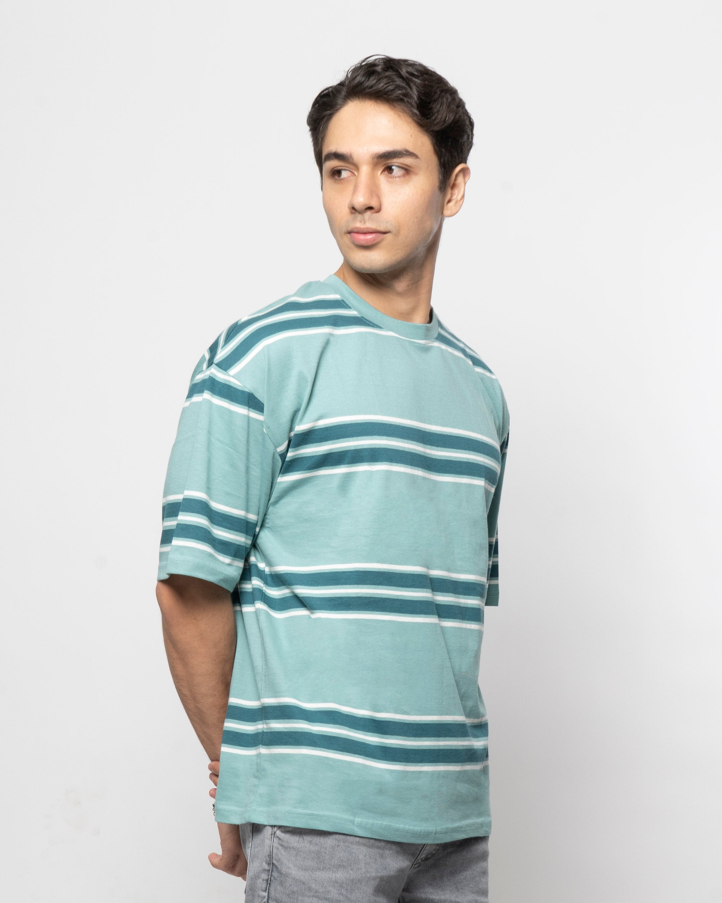 Aqua Blue Stripe Drop Shoulder T-Shirt