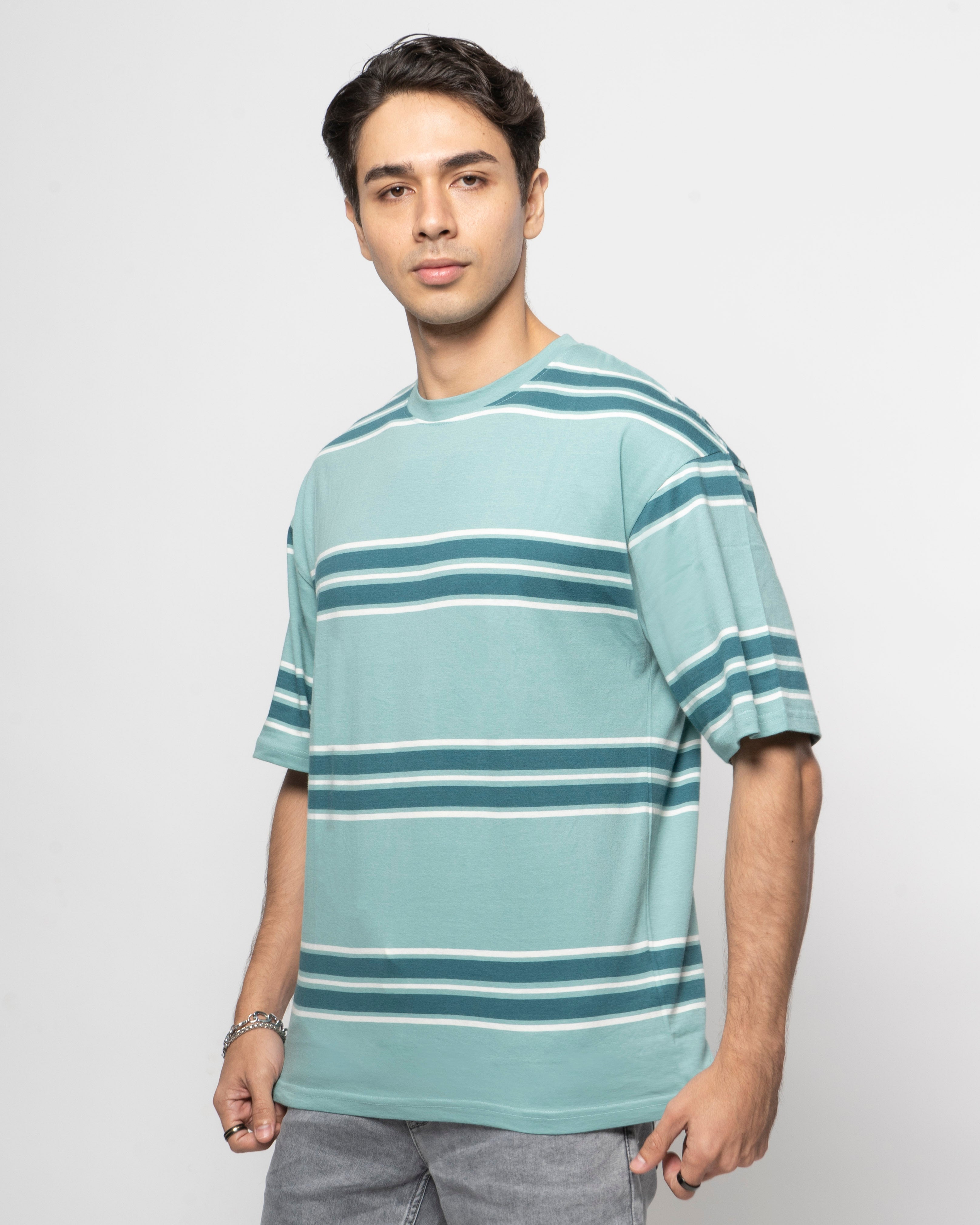 Aqua Blue Stripe Drop Shoulder T-Shirt