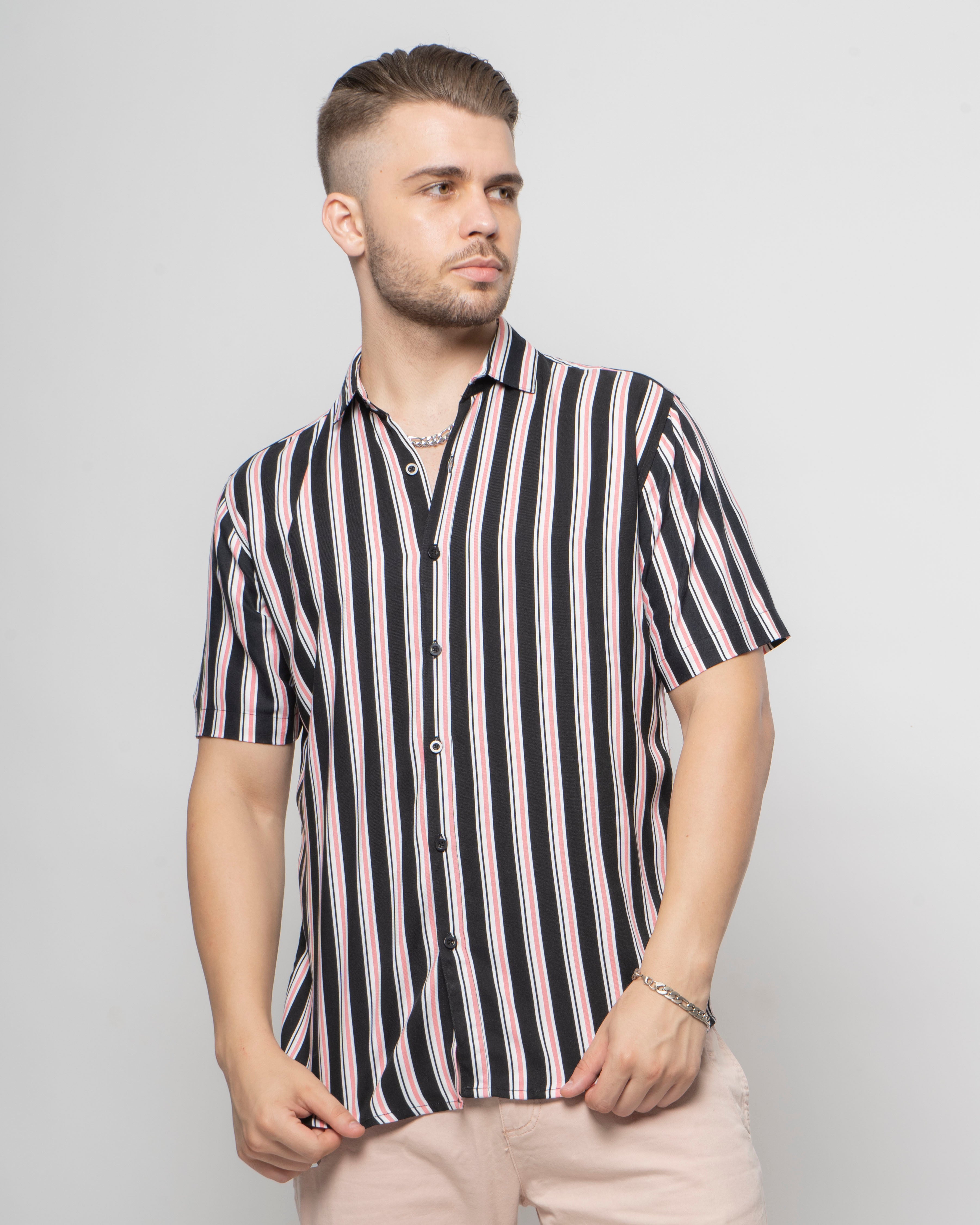 Black Pink Stripes Print Rayon Half Sleeve Shirt
