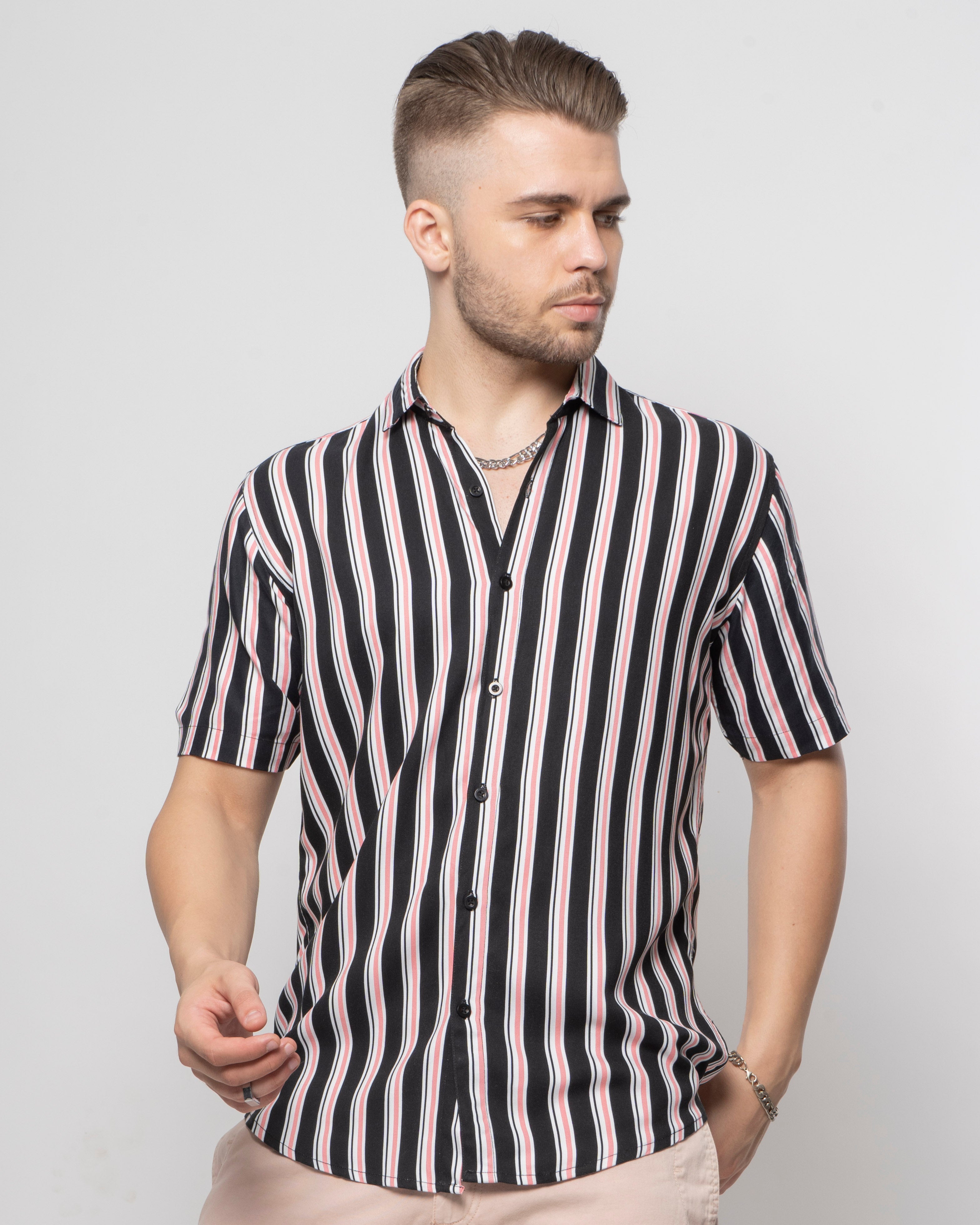 Black Pink Stripes Print Rayon Half Sleeve Shirt