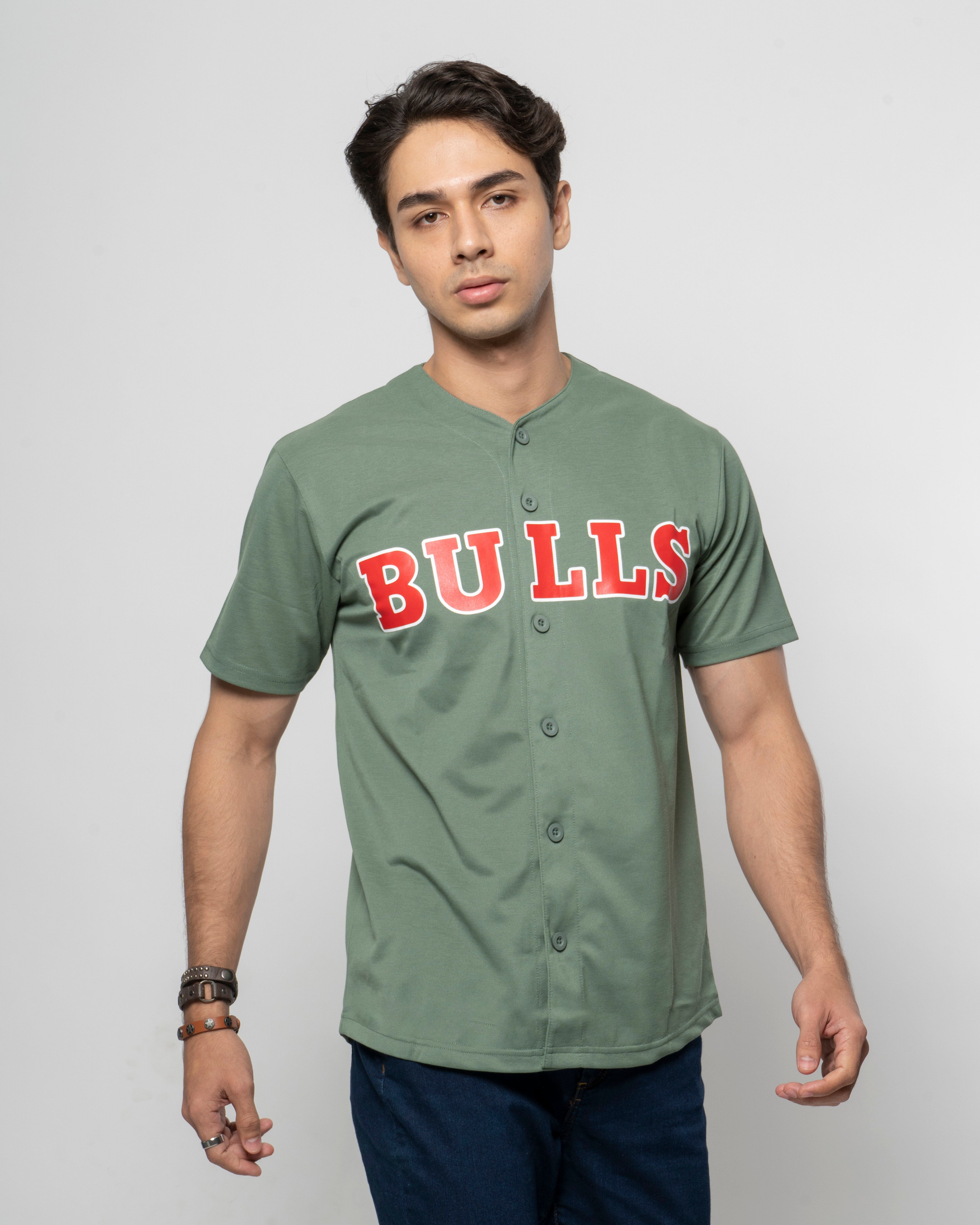 Green Bulls Button Down Baseball Jersey