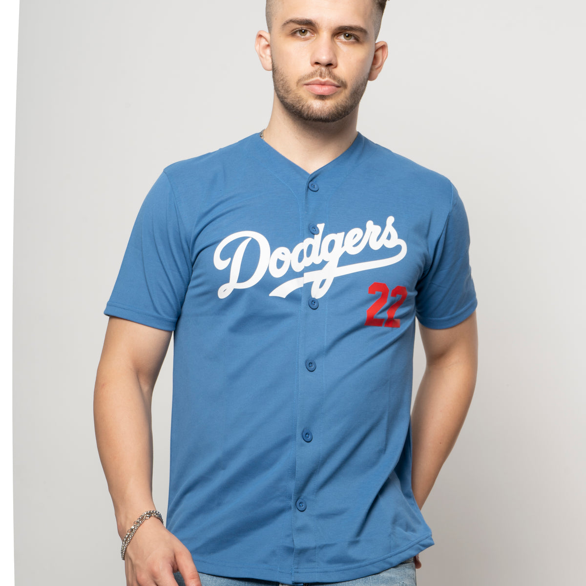 Blue Dodgers Button Down Baseball Jersey S