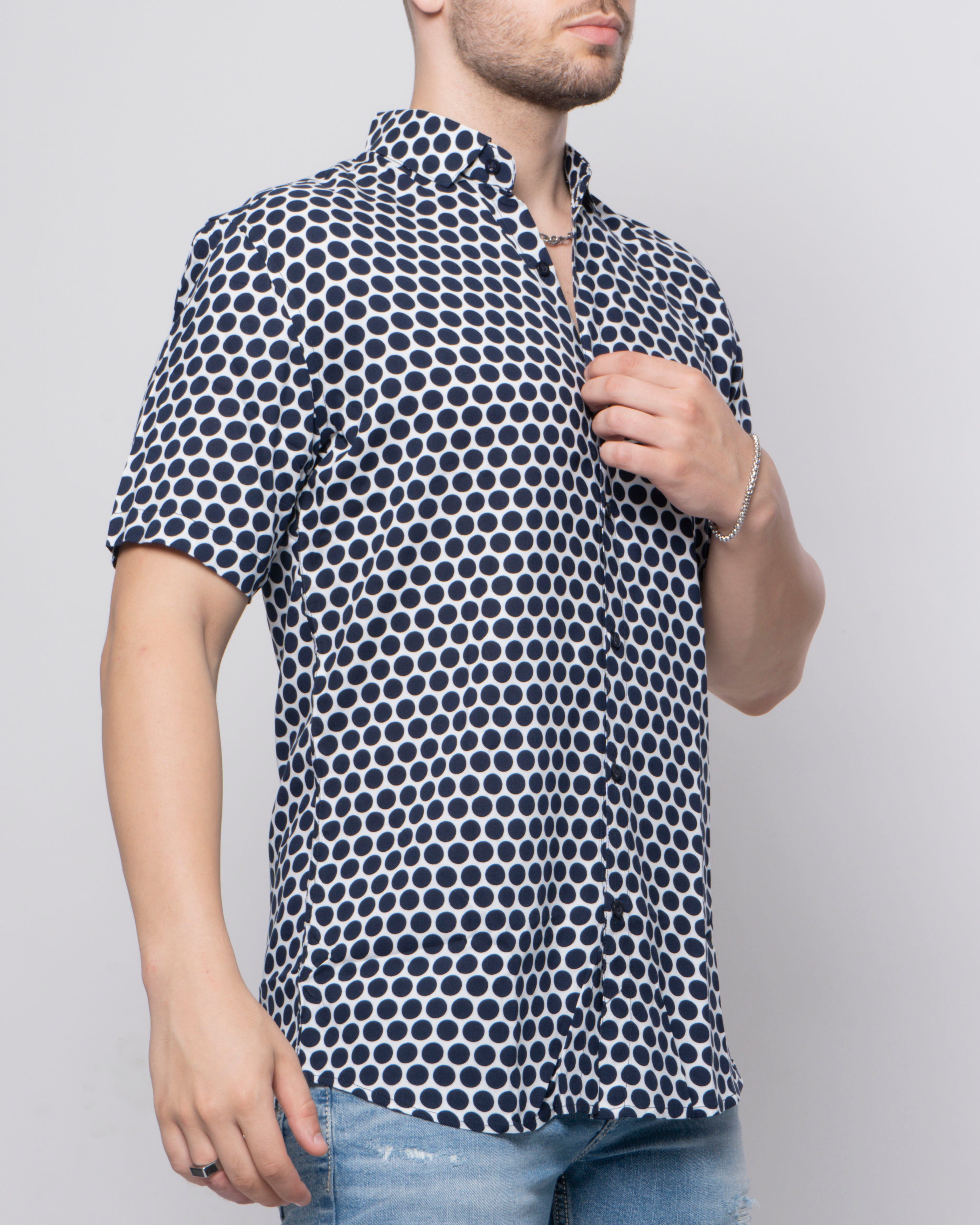 White Navy Blue Polka Dots Rayon Printed Half Sleeve Shirt