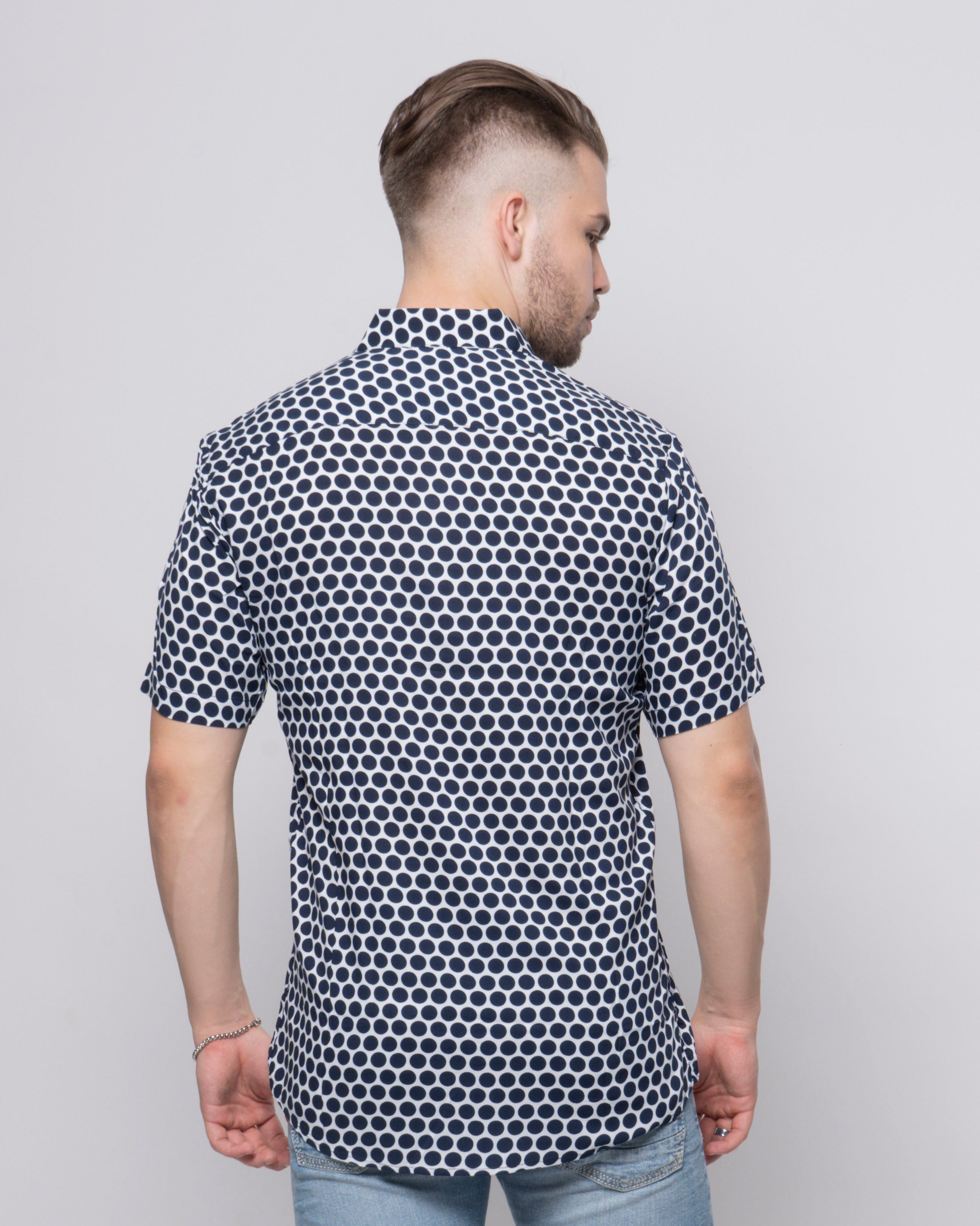 White Navy Blue Polka Dots Rayon Printed Half Sleeve Shirt