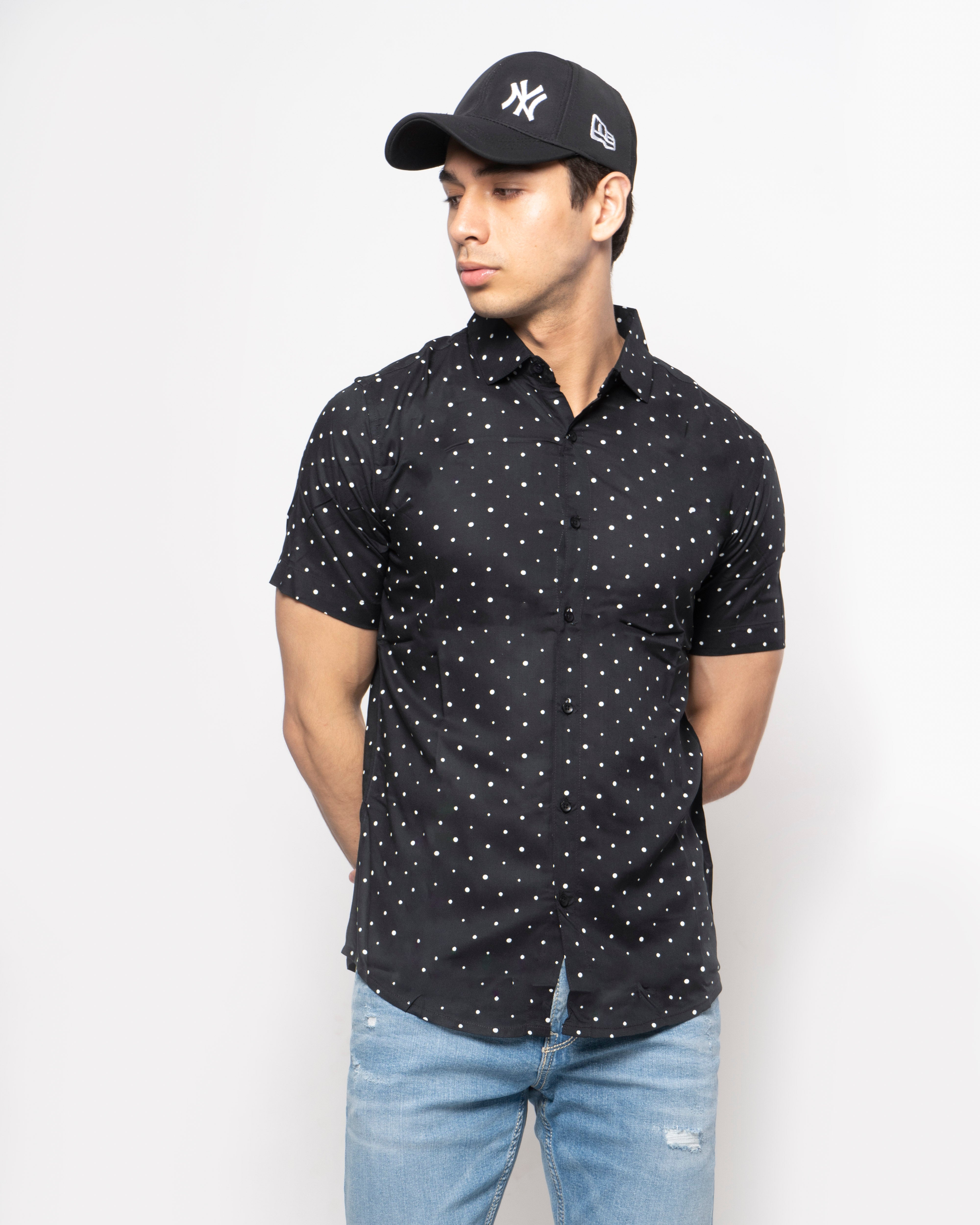 Black Micro Dots Rayon Printed Half Sleeve Shirt
