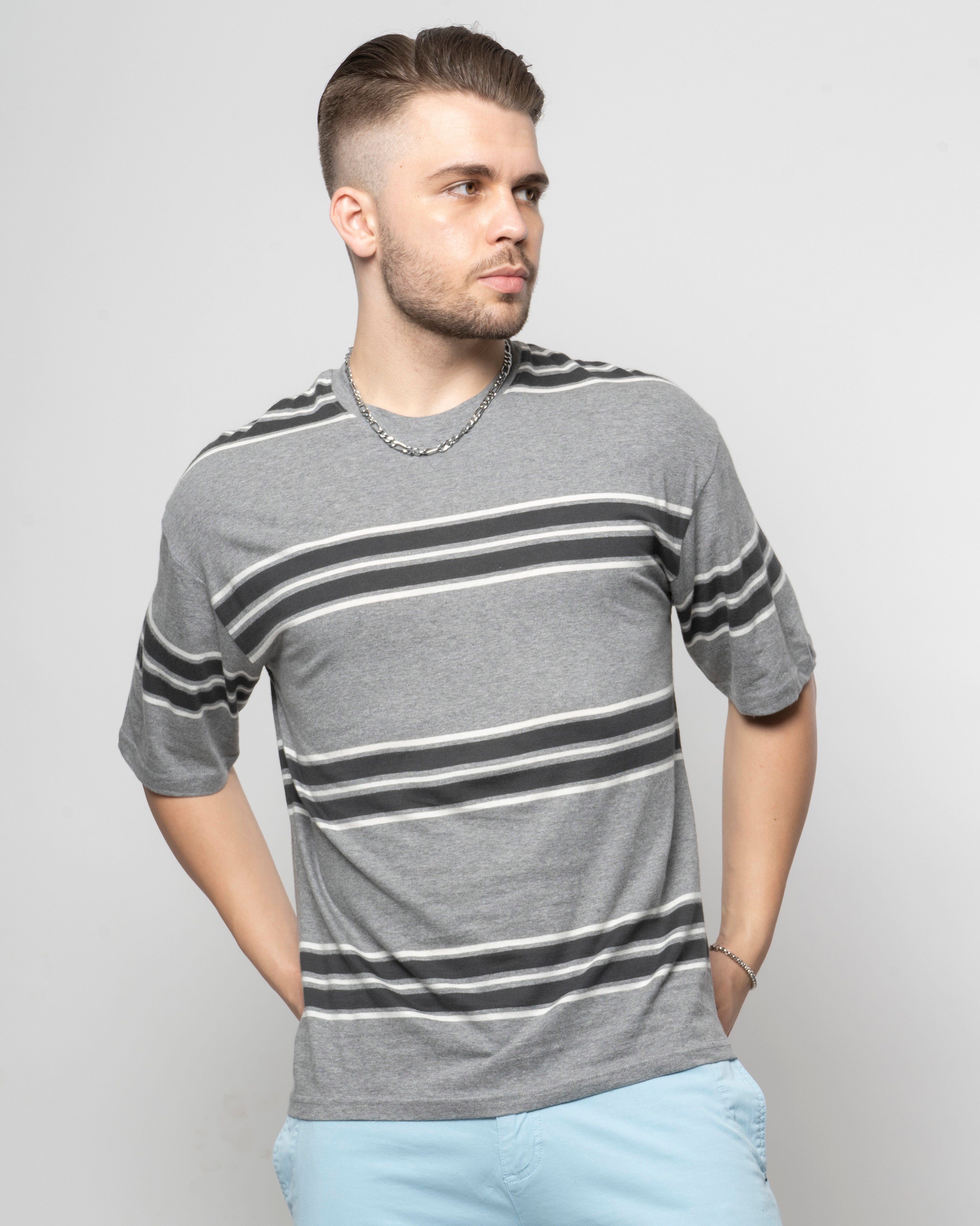 Grey Stripe Drop Shoulder T-Shirt