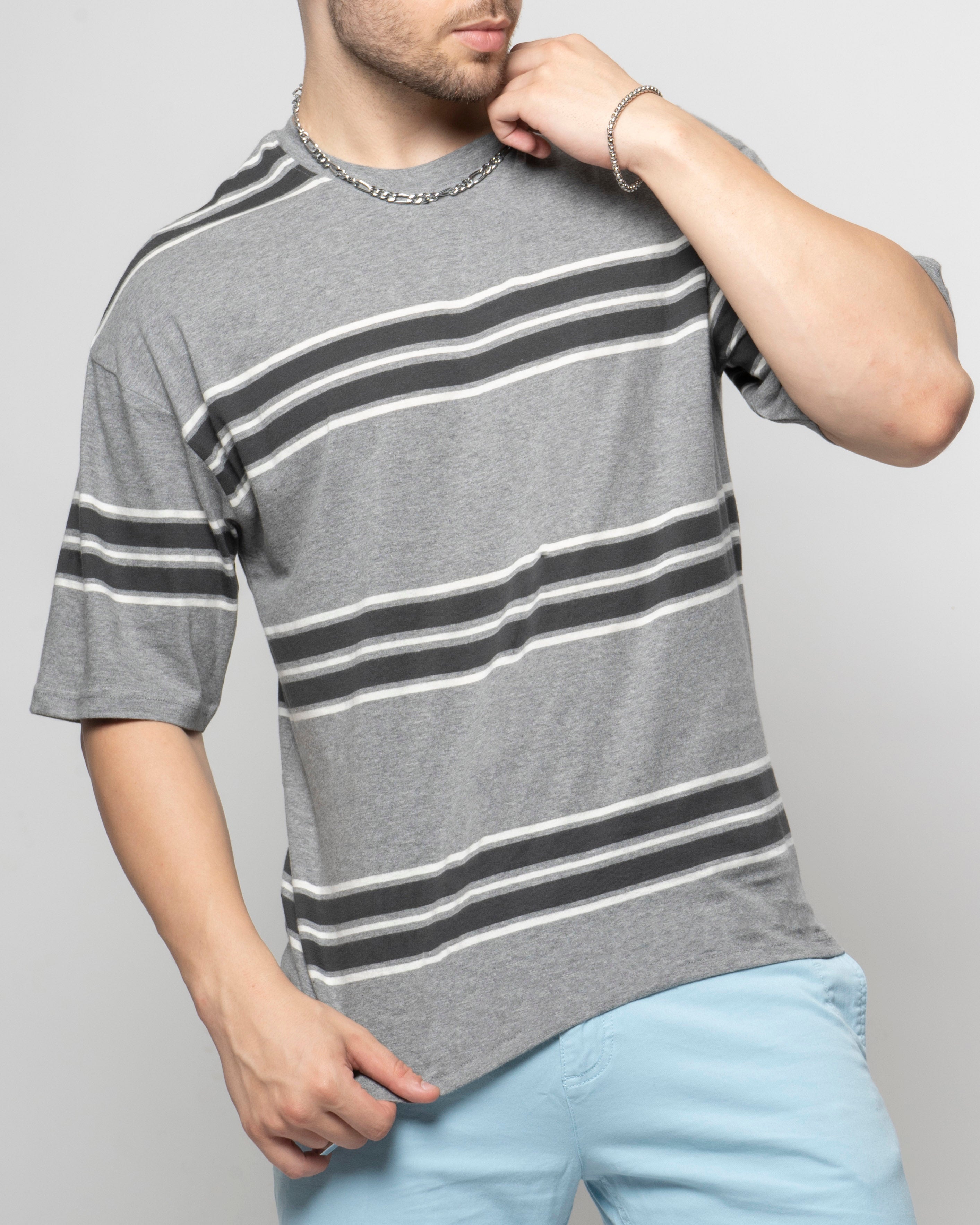 Grey Stripe Drop Shoulder T-Shirt