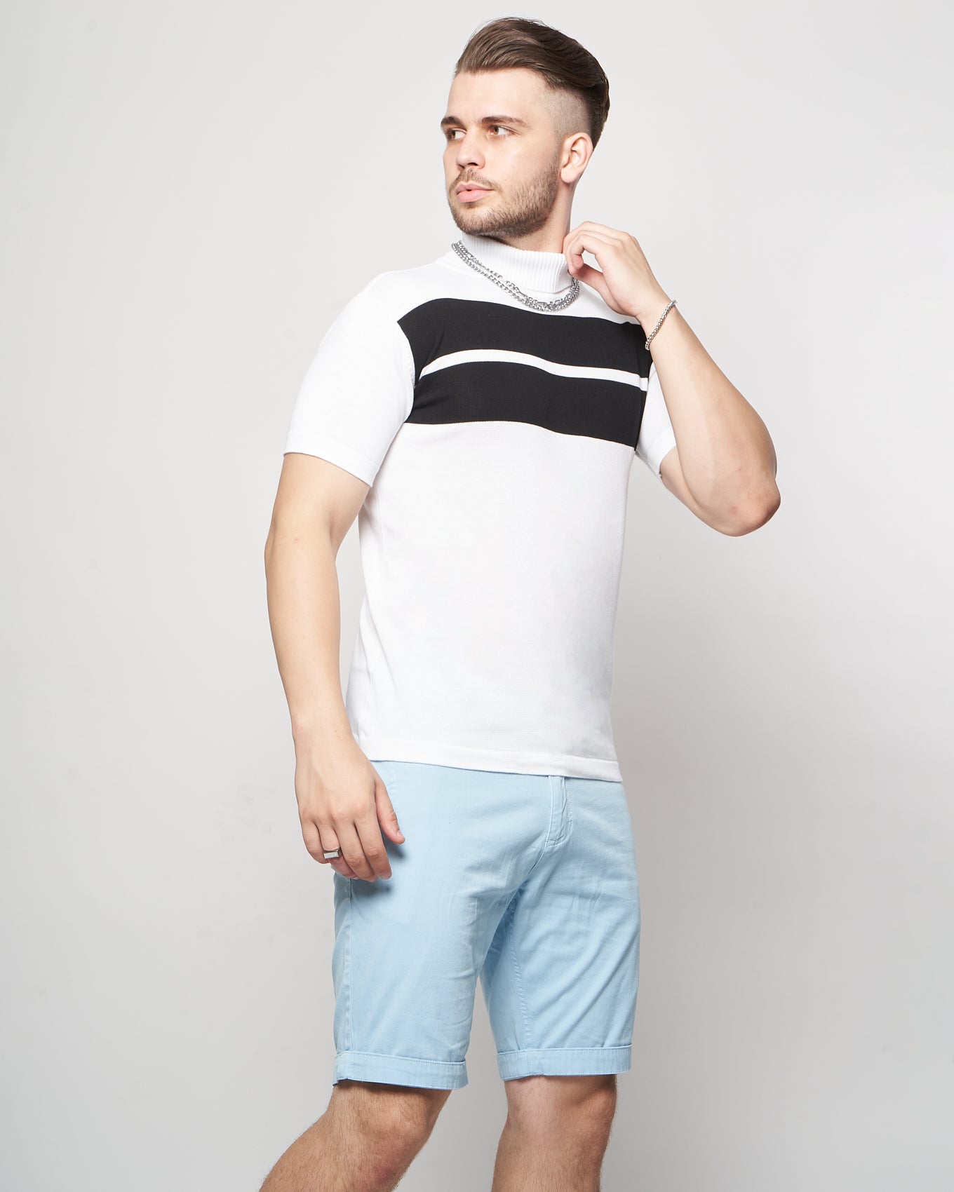 White Bold Striped Flat Knit Turtle Neck T-Shirt