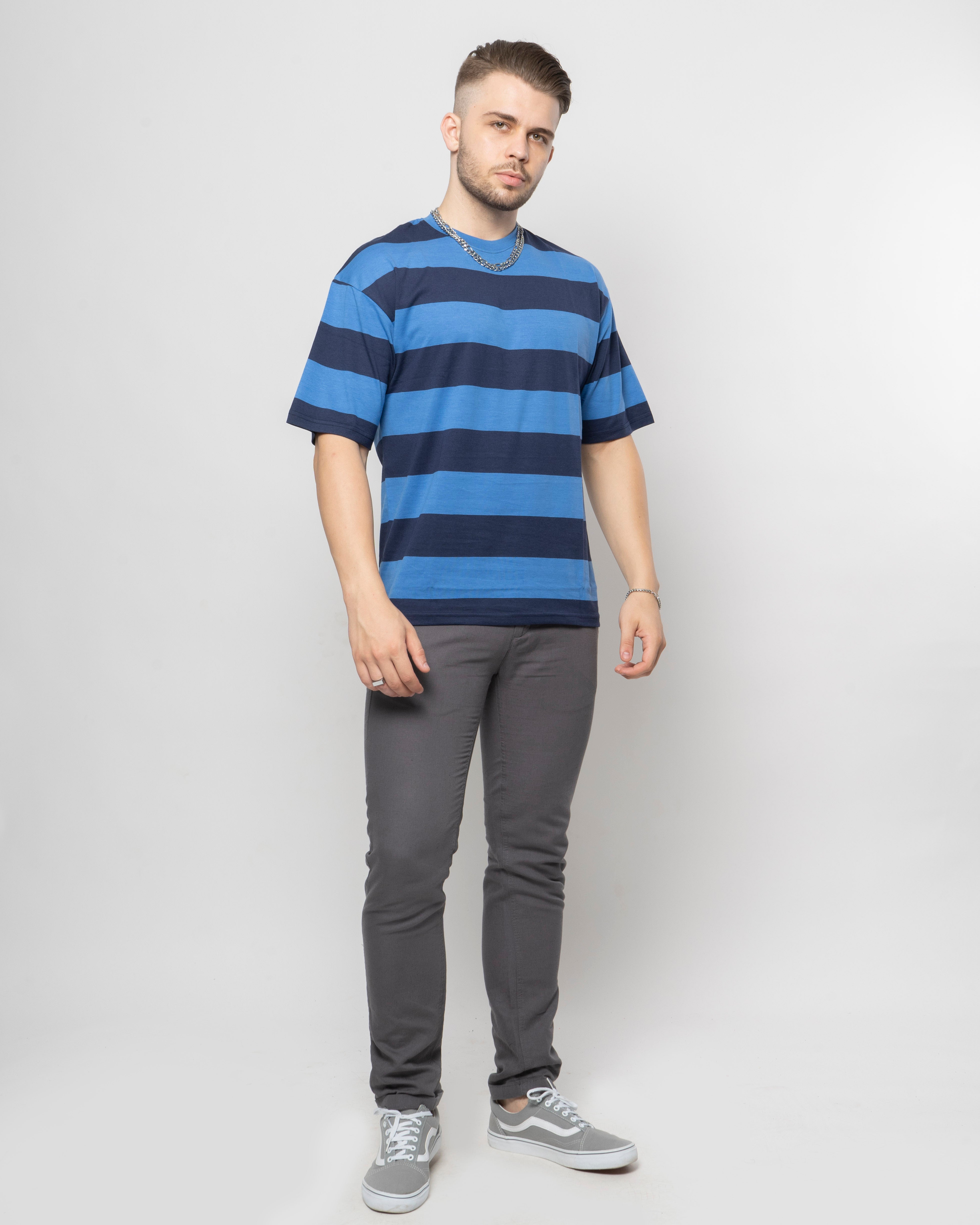 Blue Bold Stripe Drop Shoulder T-Shirt