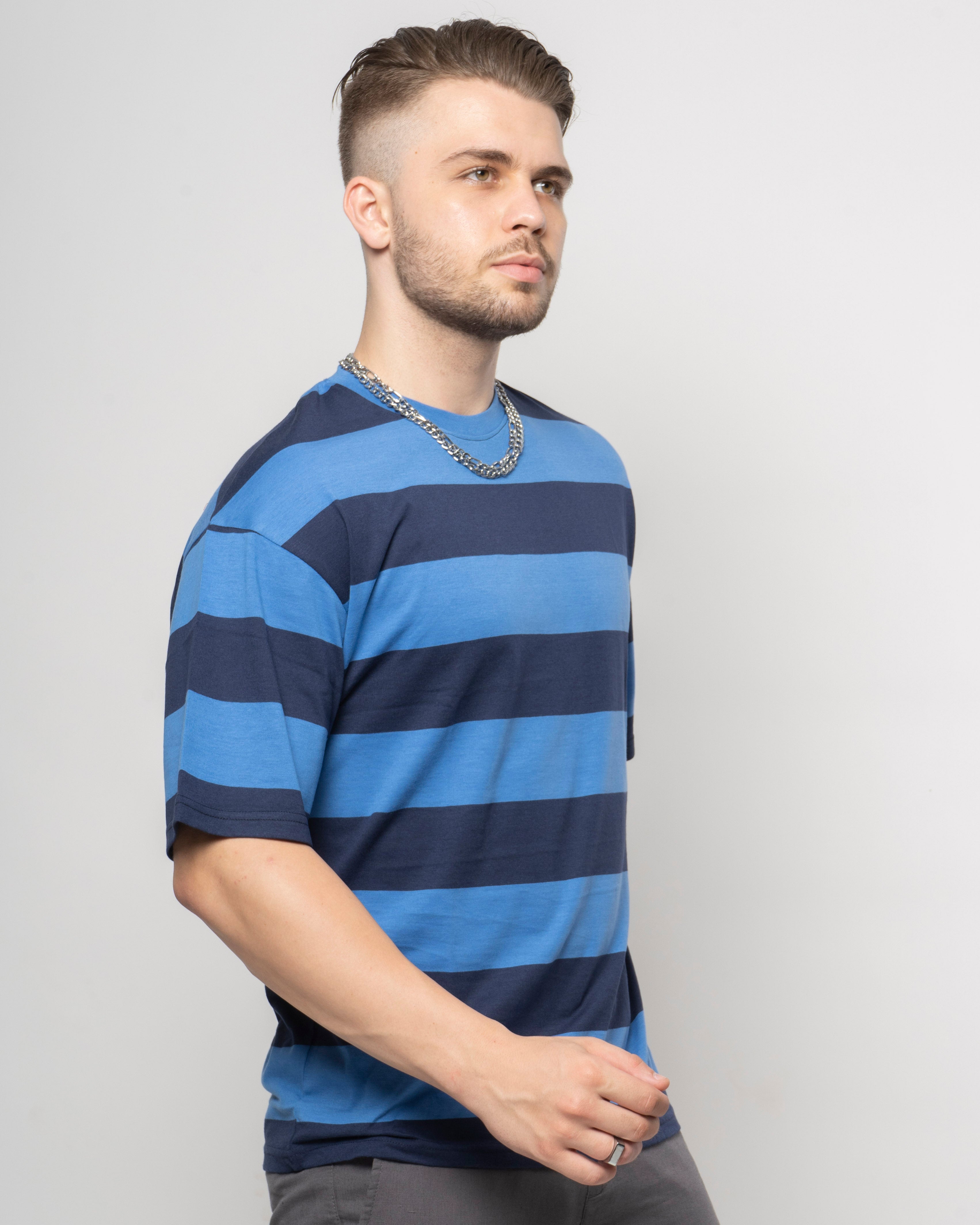 Blue Bold Stripe Drop Shoulder T-Shirt