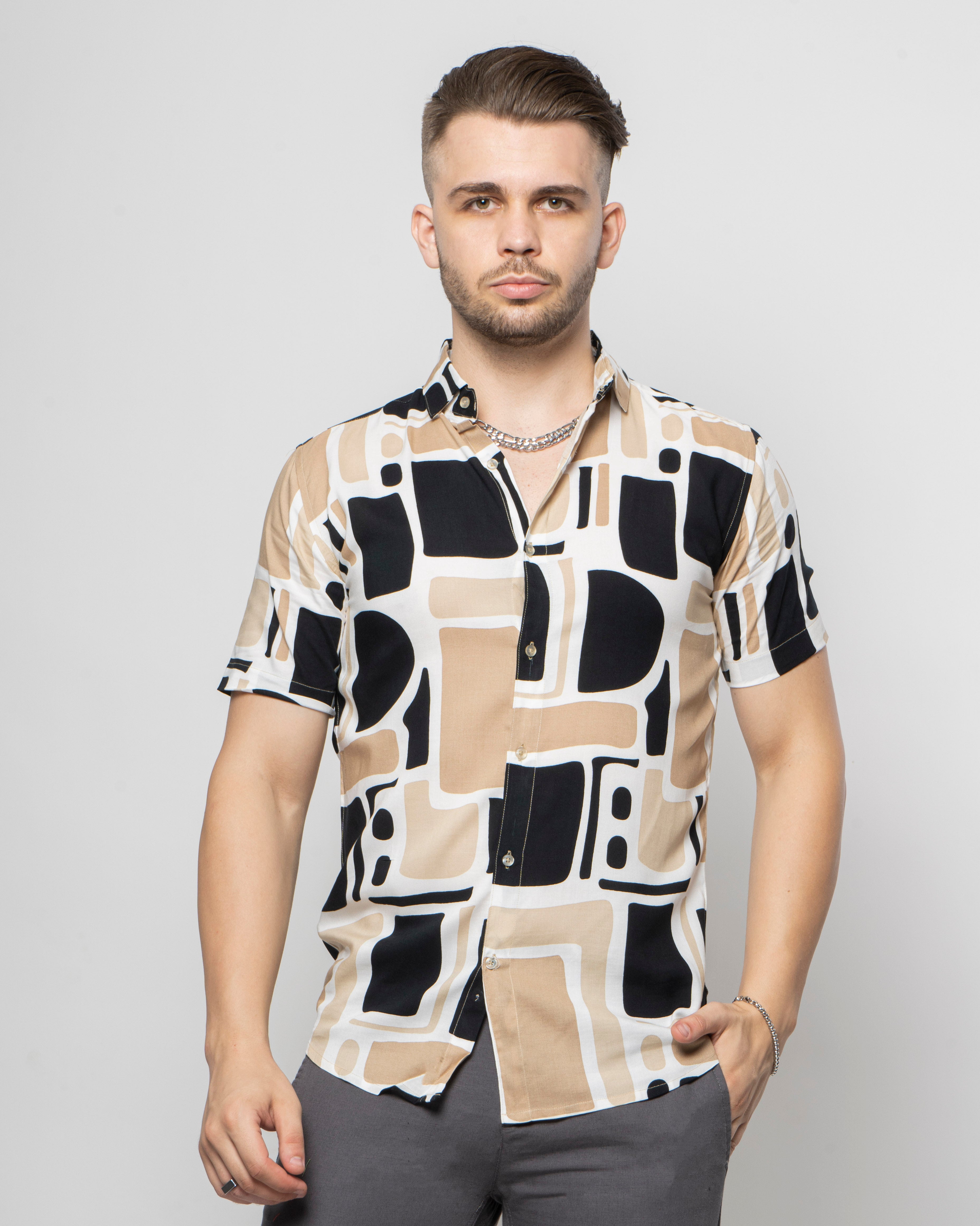 Beige Black Color Block Rayon Printed Half Sleeve Shirt