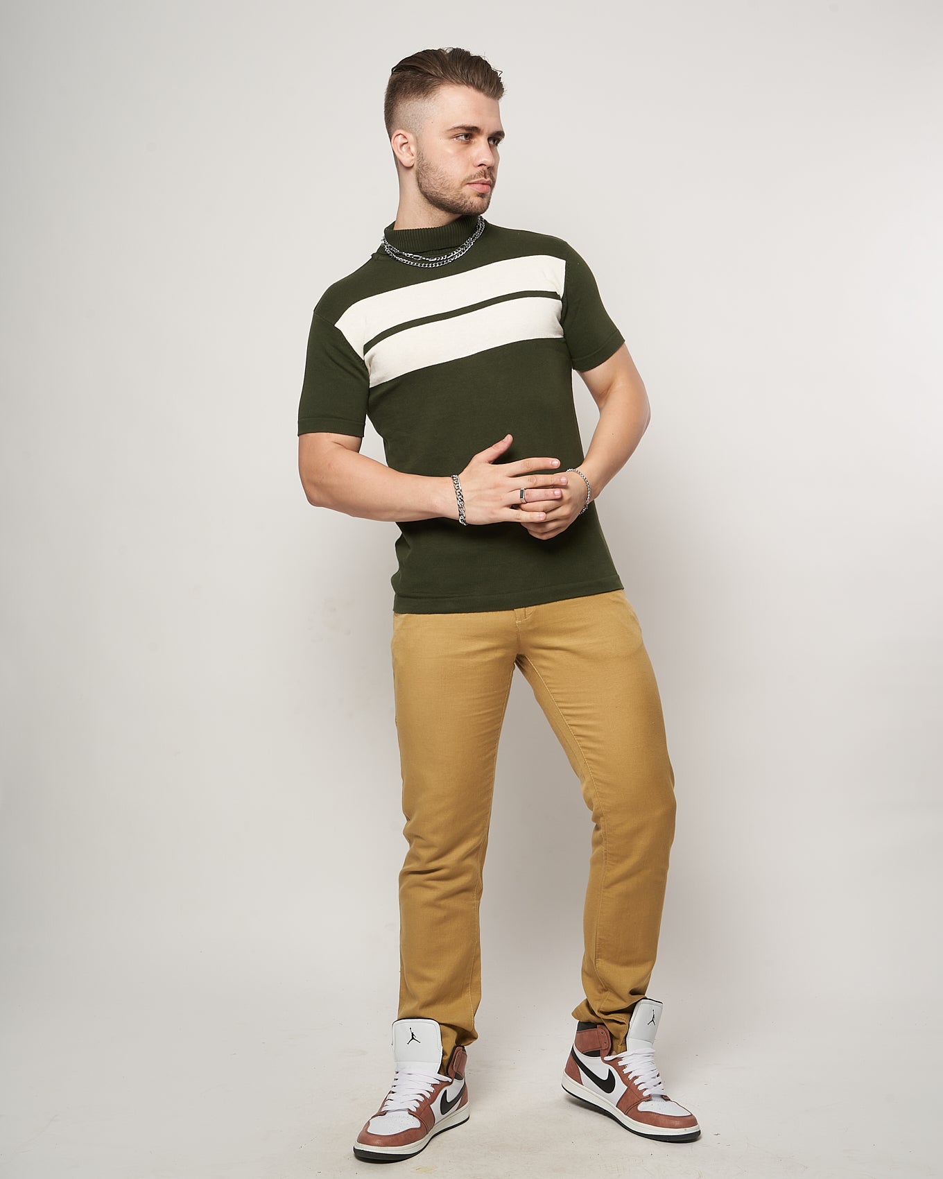 Olive Green Bold Striped Flat Knit Turtle Neck T-Shirt