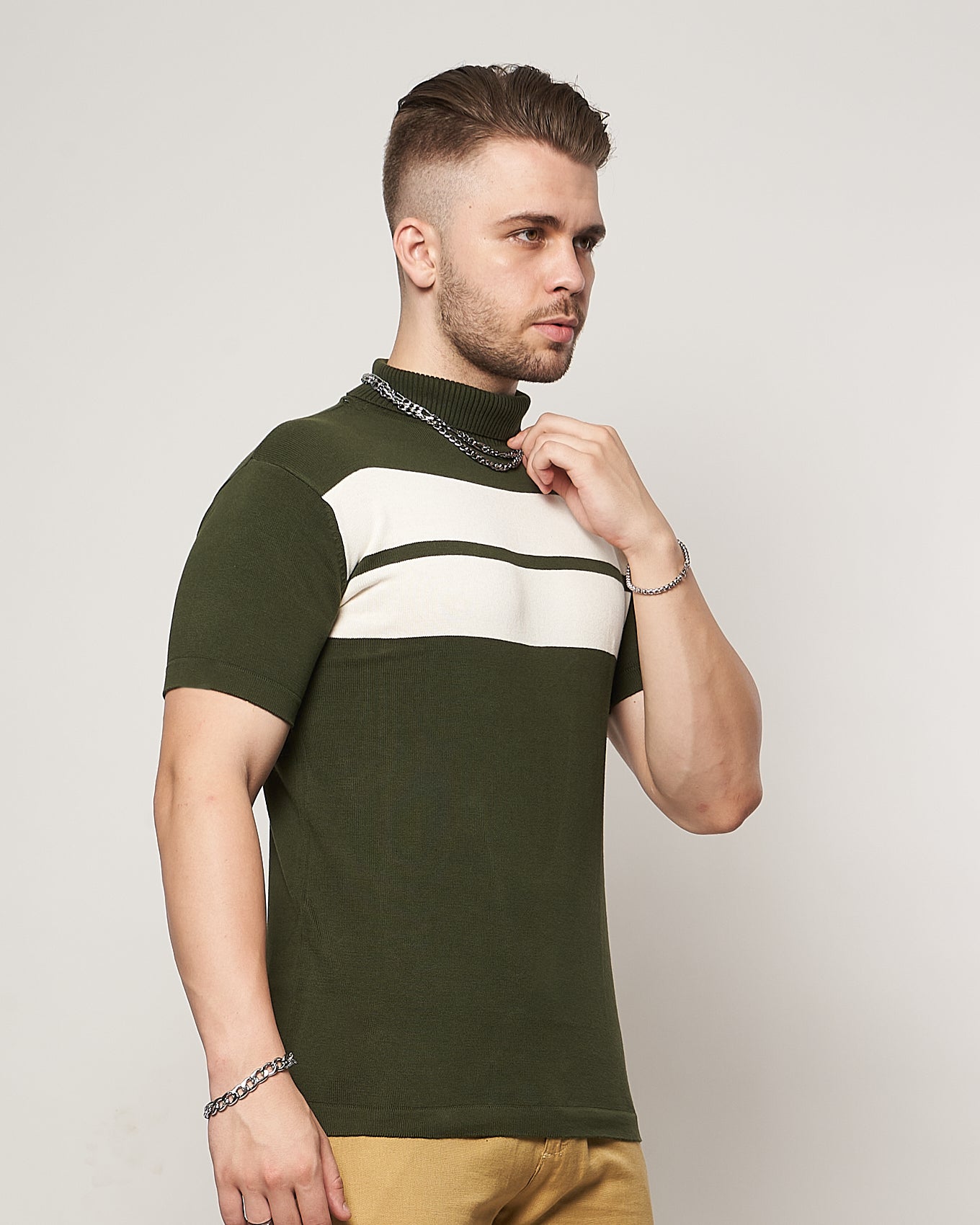 Olive Green Bold Striped Flat Knit Turtle Neck T-Shirt